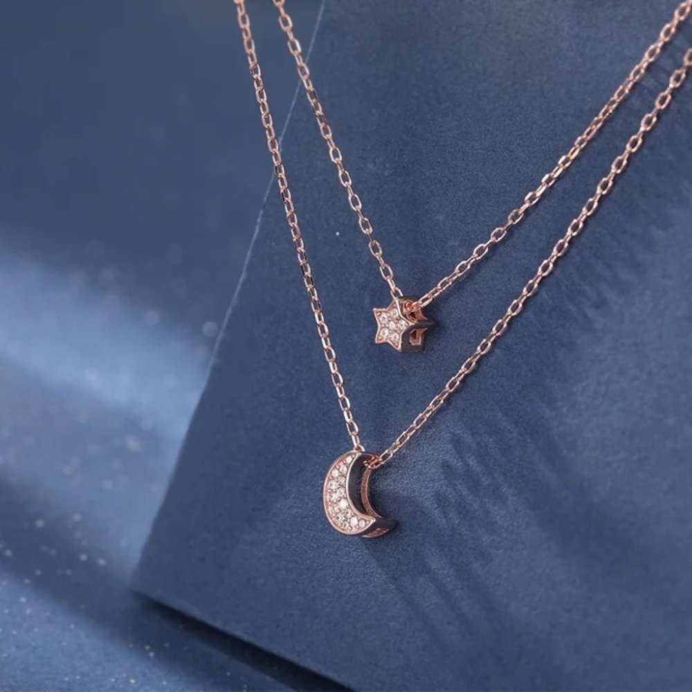 New Sterling Silver Layered Star & Moon Necklace - Picture 3 of 4